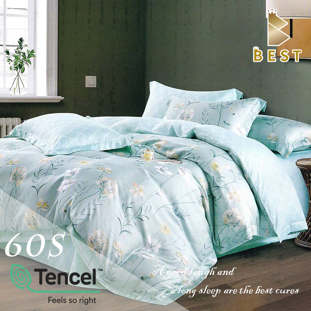 【BEST貝思特】100%TENCEL雙人60支頂級天絲兩用被床包組 風之絮-綠