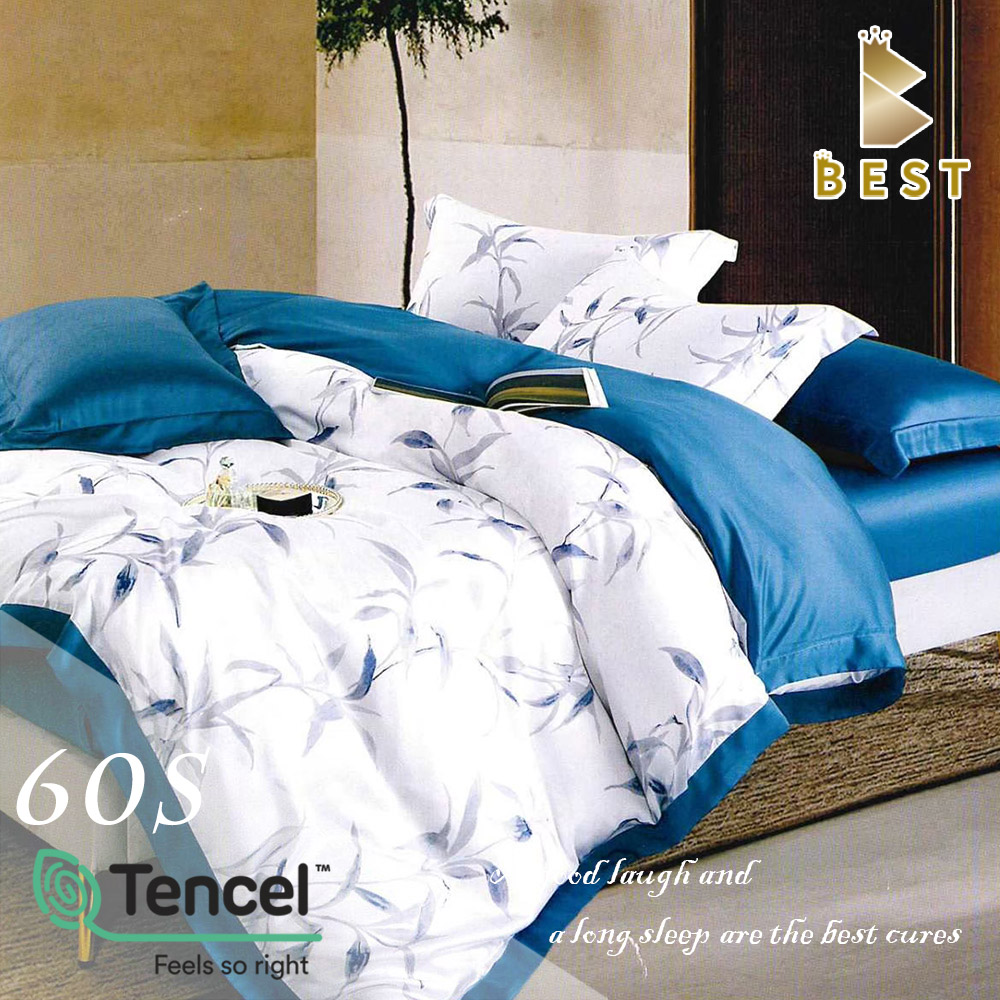 【BEST貝思特】100%TENCEL特大60支頂級天絲兩用被床包組 梅芳竹清-藍