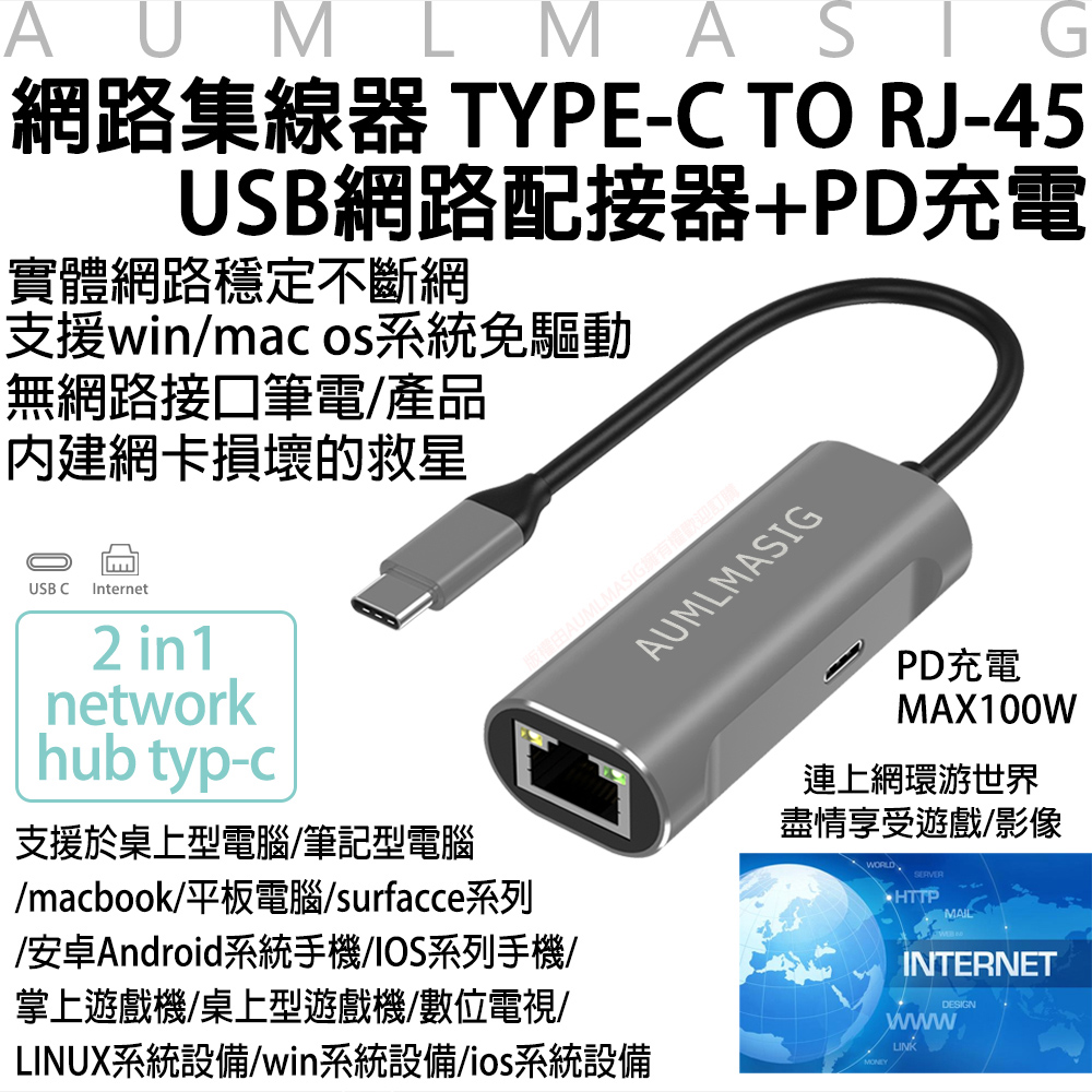 免運送到府【AUMLMASIG】USB網路集線器TYPE-C TO RJ-45+PD100W充電 筆電網絡卡損壞充電的救星