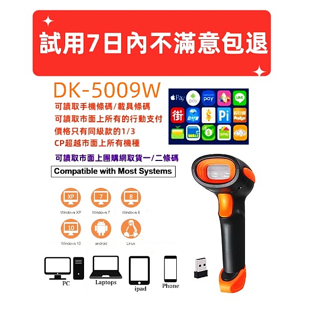 DK-5009W接收器版百萬像素無線二維條碼掃描器 可讀護照條碼及處方簽上的中文