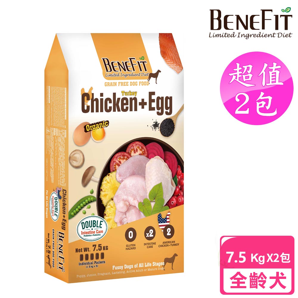 【BENEFIT斑尼菲】2包超值組 無穀狗糧 7.5kg(鮮嫩雞肉+火雞肉+鮮蛋)