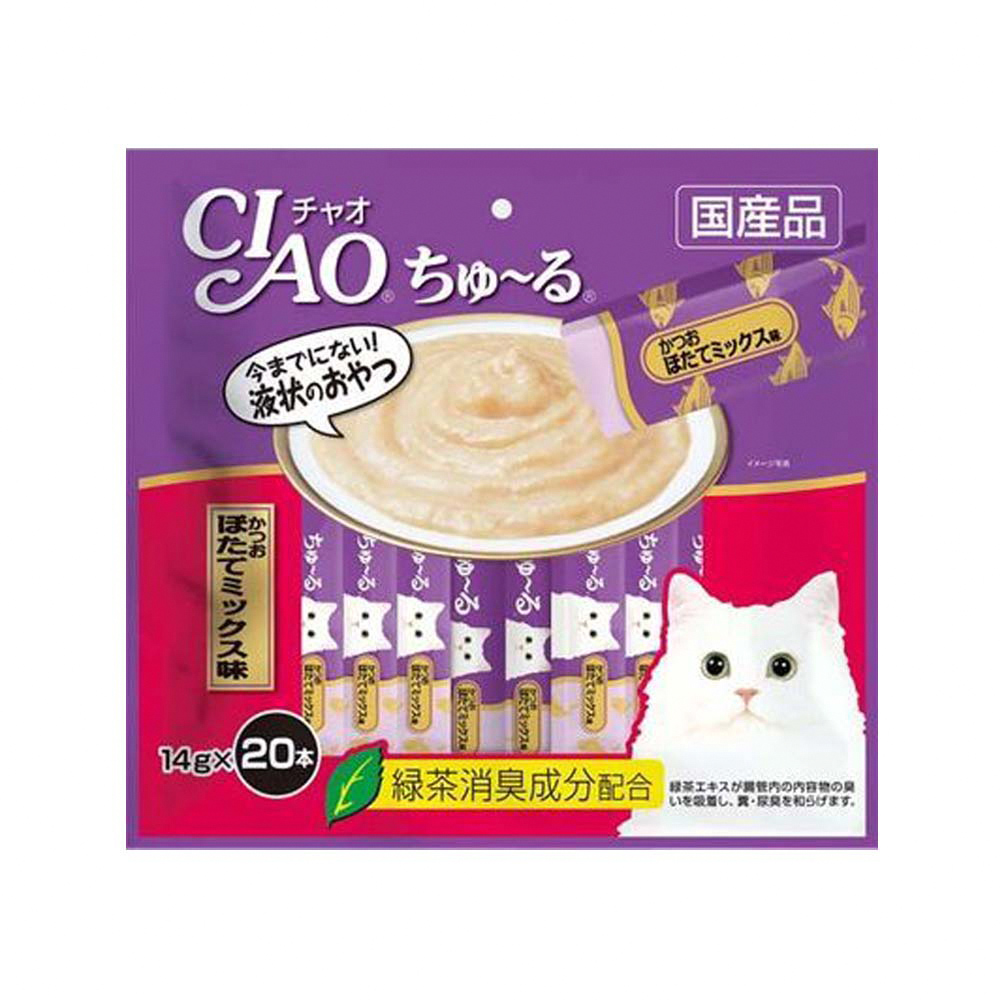 日本CIAO-啾嚕貓咪營養肉泥寵物點心20入-SC-192鰹魚扇貝-紅紫袋