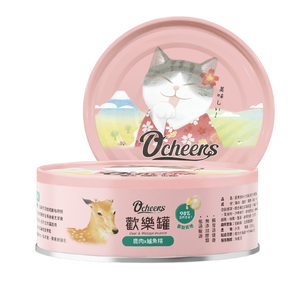 O’cheers 歡樂罐 貓用無膠主食餐罐_鹿肉x鱸魚精 80g (24罐/箱)
