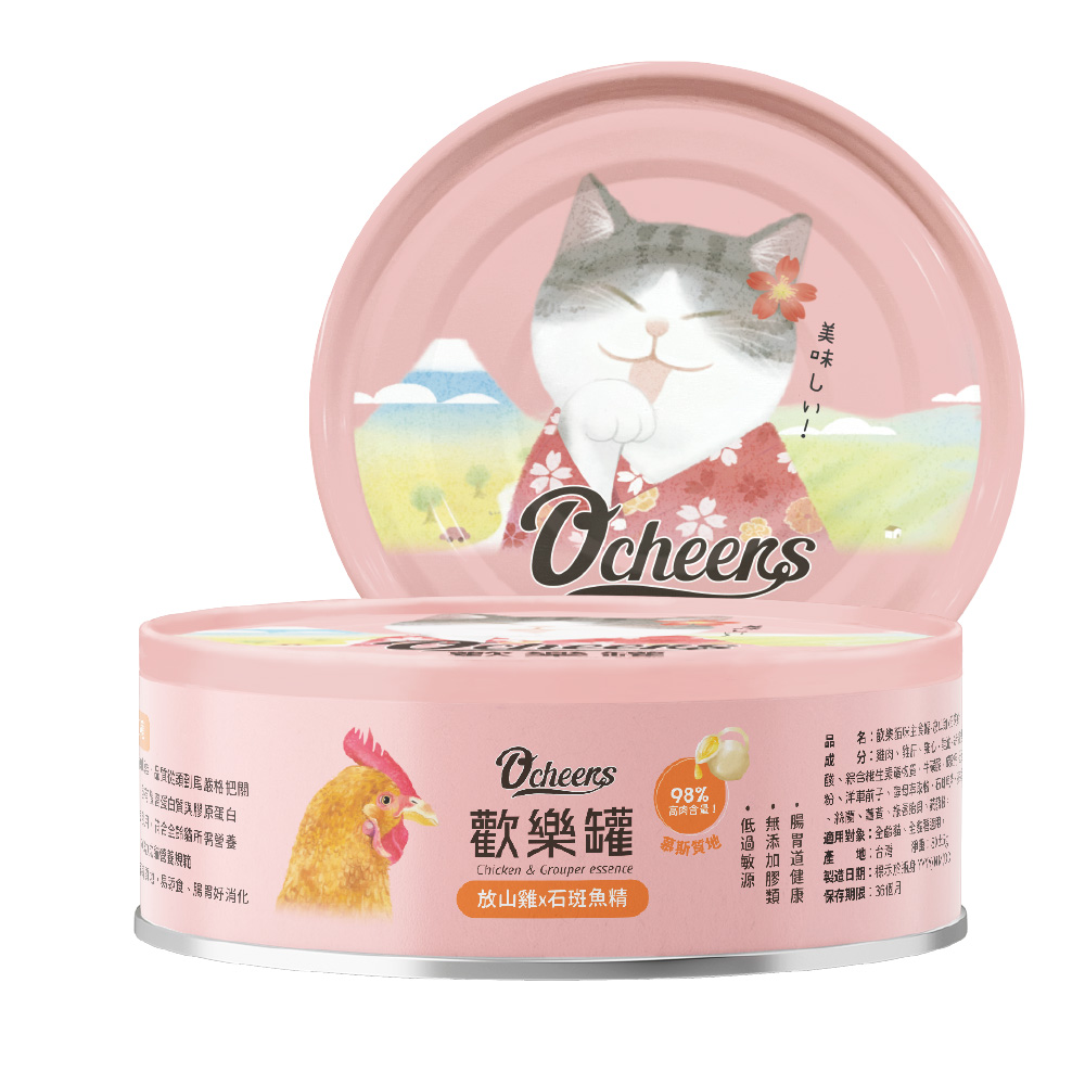O’cheers 歡樂罐 貓用無膠主食餐罐_放山雞x石斑魚精 80g (24罐/箱)