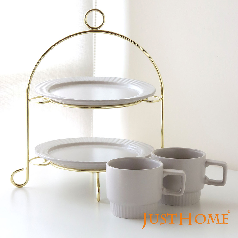 Just Home條紋色釉陶瓷午茶5件組-雙層蛋糕盤組附架+咖啡杯(咖啡杯/蛋糕盤/點心盤)