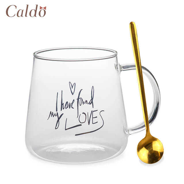 【Caldo卡朵生活】情話綿綿耐熱玻璃馬克杯(附匙) 400ML-找到愛A