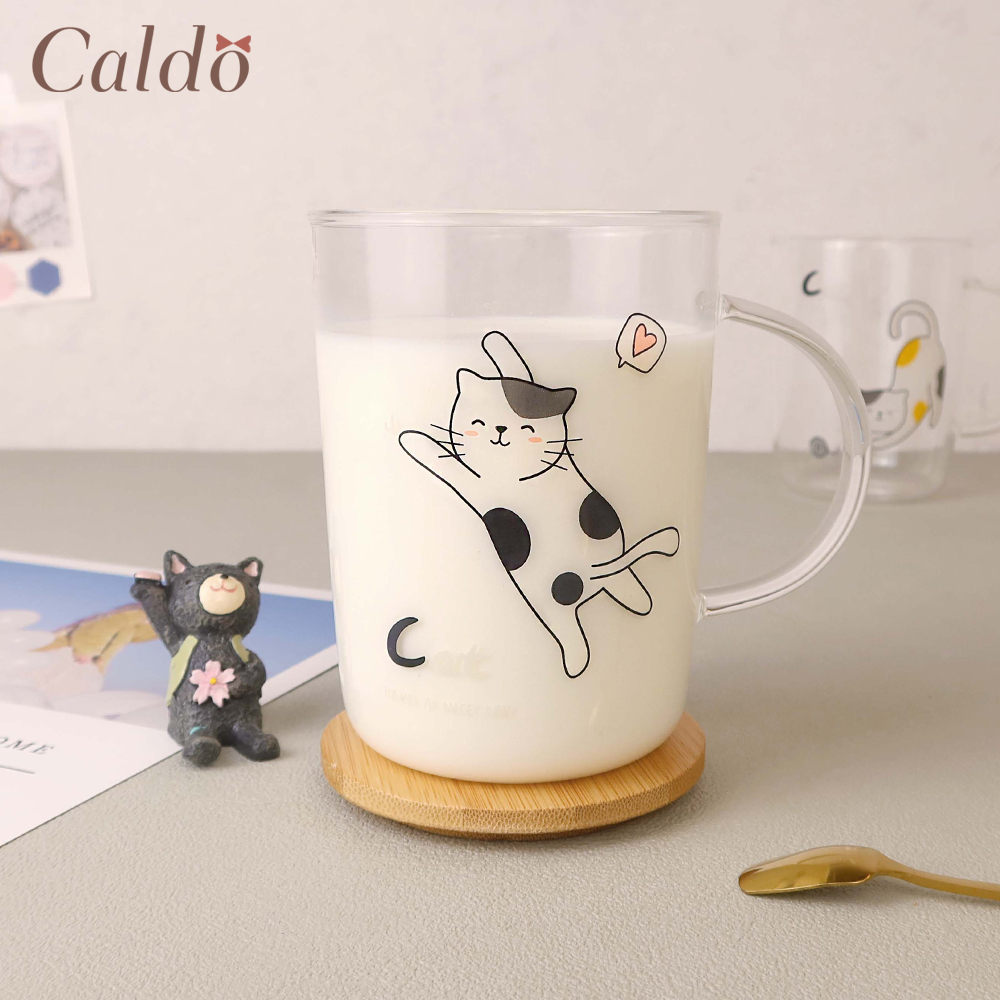 【Caldo卡朵生活】來抓我喵耐熱透明馬克杯500ML-牛奶貓