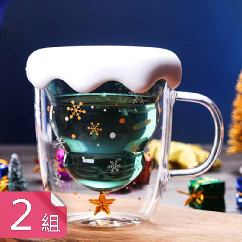 【荷生活】加厚版韓式雙層玻璃聖誕星情杯送雪景矽膠杯蓋-2組