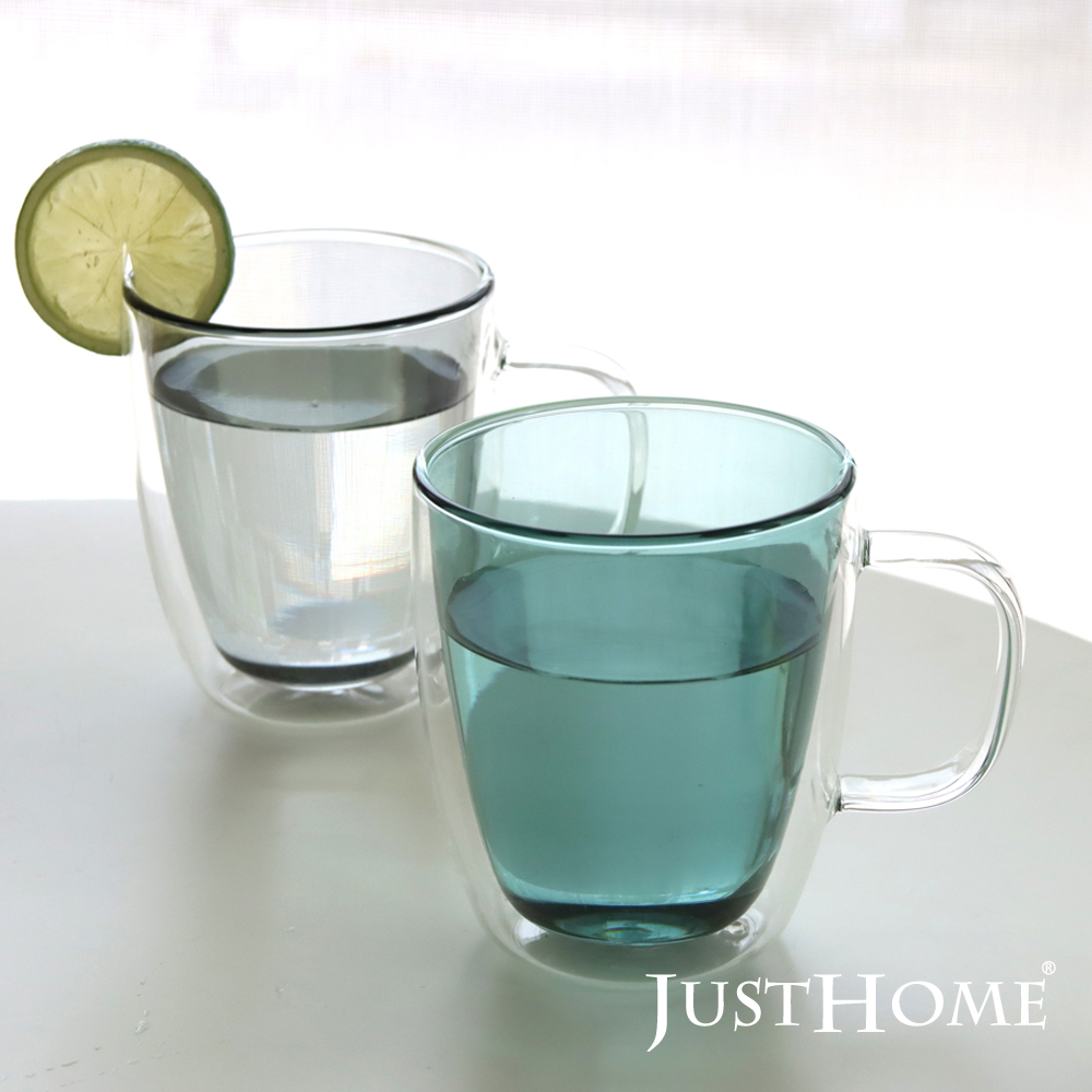 Just Home清透彩色雙層耐熱玻璃馬克杯380ml/2入組-灰色+綠色