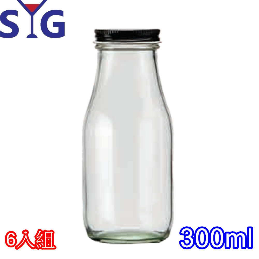 SYG玻璃方形隨身水瓶果汁瓶300cc-黑色蓋子-6入組