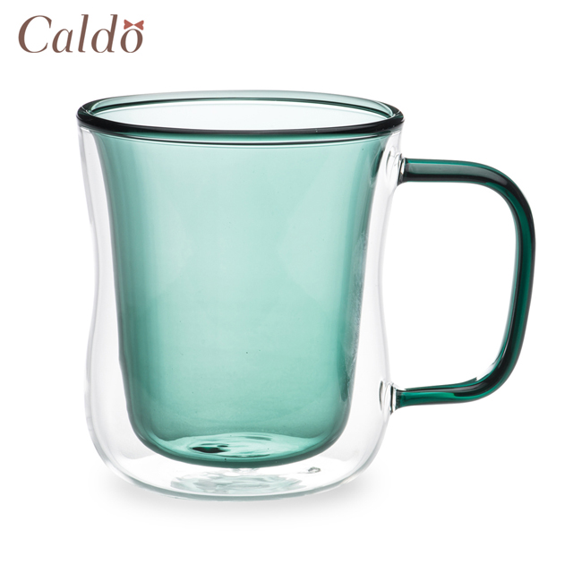 【Caldo卡朵生活】恬靜雙層隔熱撞色有柄玻璃杯380ml-湖綠
