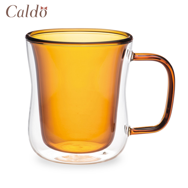 【Caldo卡朵生活】恬靜雙層隔熱撞色有柄玻璃杯380ml-琥珀