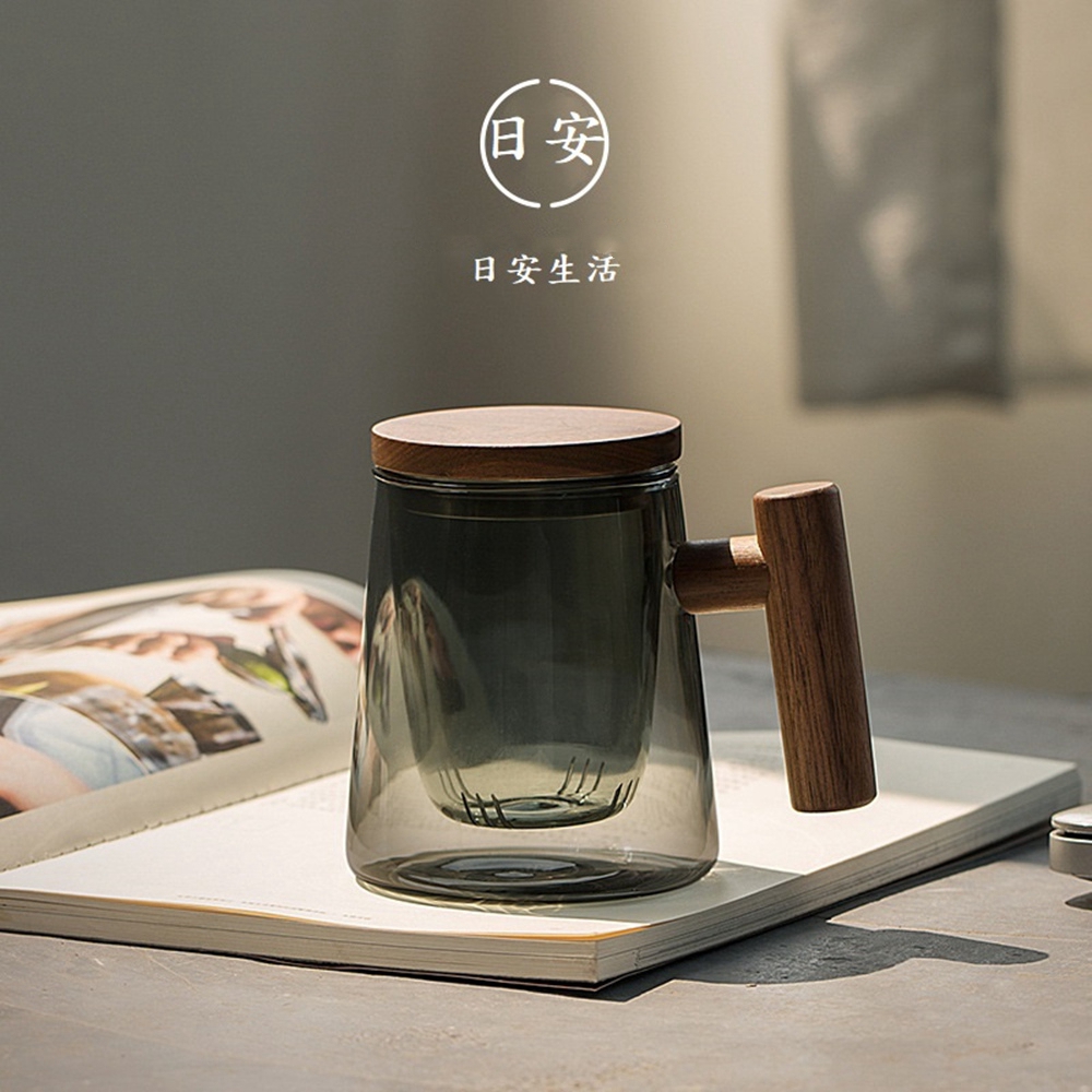 KOTI日安生活 日式青鈍色耐熱玻璃茶水分離泡茶杯附實木杯蓋-黑胡桃木錐形杯