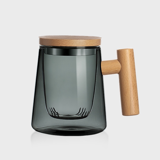 KOTI日安生活 日式青鈍色耐熱玻璃茶水分離泡茶杯附實木杯蓋-櫸木錐形杯