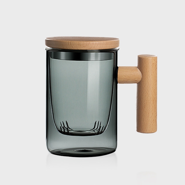 KOTI日安生活 日式青鈍色耐熱玻璃茶水分離泡茶杯附實木杯蓋-櫸木直筒杯