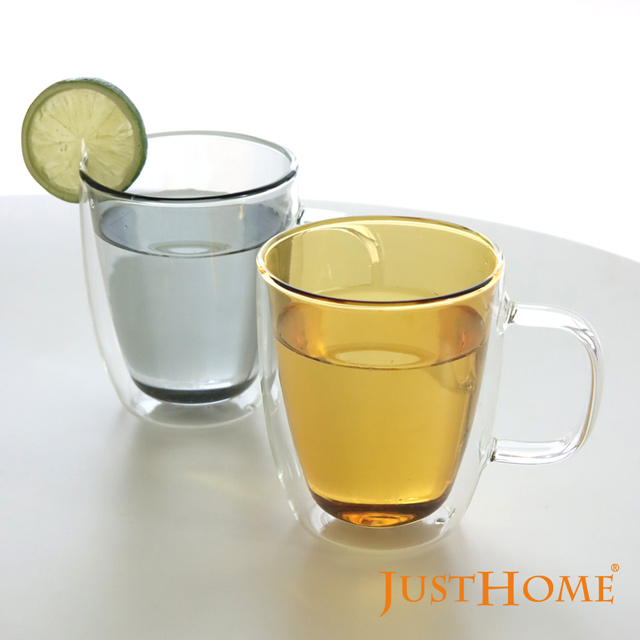 Just Home清透彩色雙層耐熱玻璃杯380ml/2入組-有把手