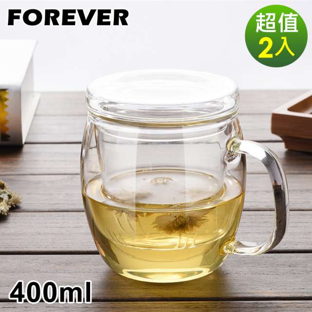 【日本FOREVER】耐熱玻璃把手馬克杯/茶具-2入組(附玻璃濾網)400ML