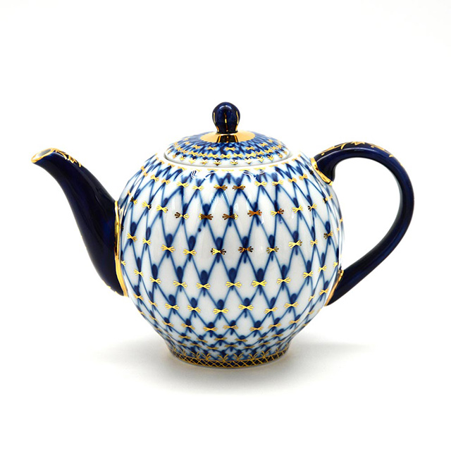 俄羅斯Imperial Porcelain-經典網紋系列-寶藍22K金手工-600ml花茶壺-原廠盒裝