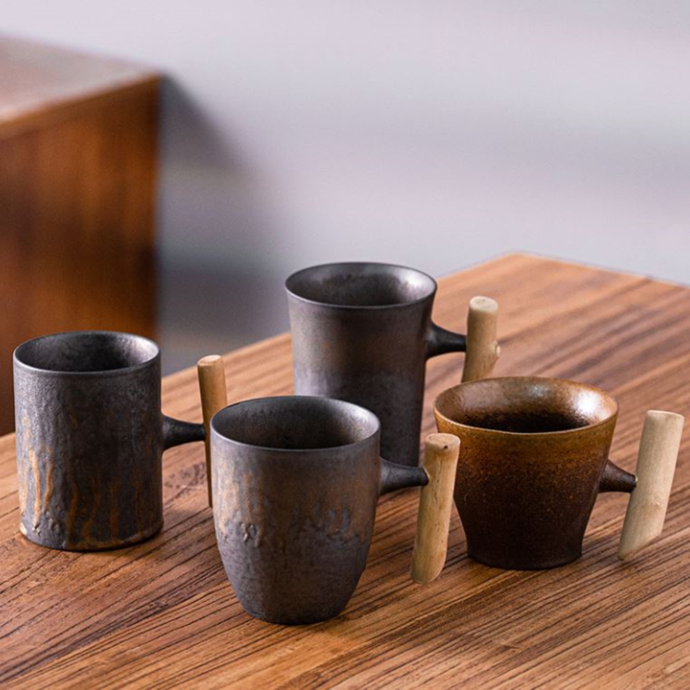 日式質感木柄陶瓷水杯-款式一