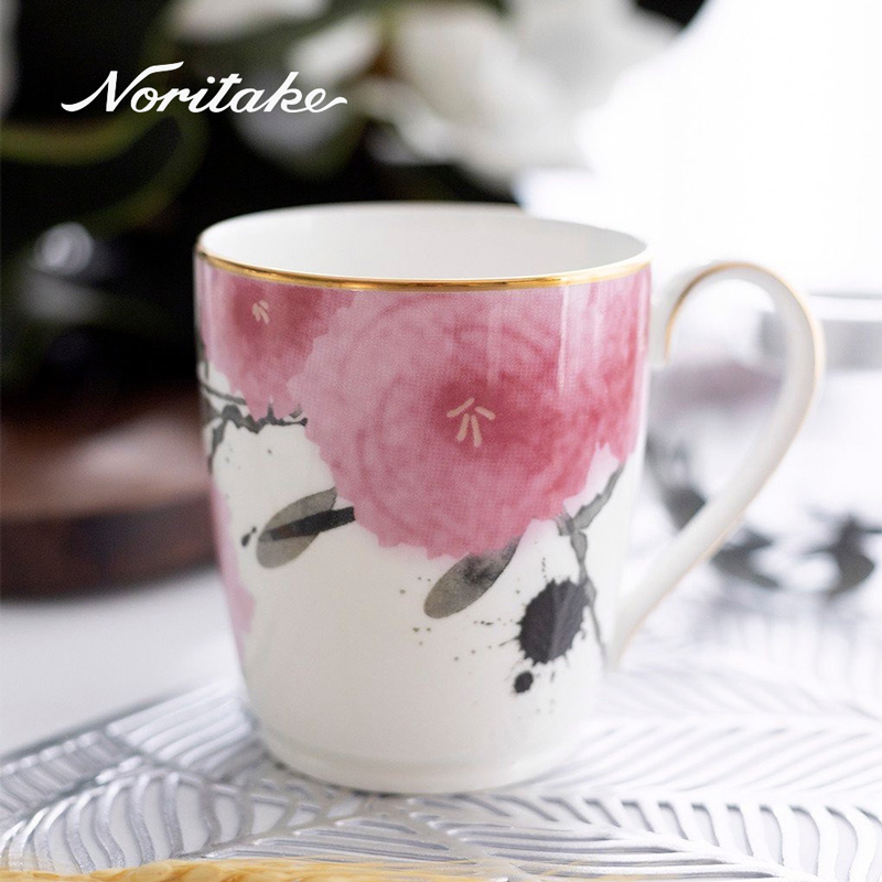【Noritake】紅纓花瓣-金邊馬克對杯(骨瓷)-禮盒組