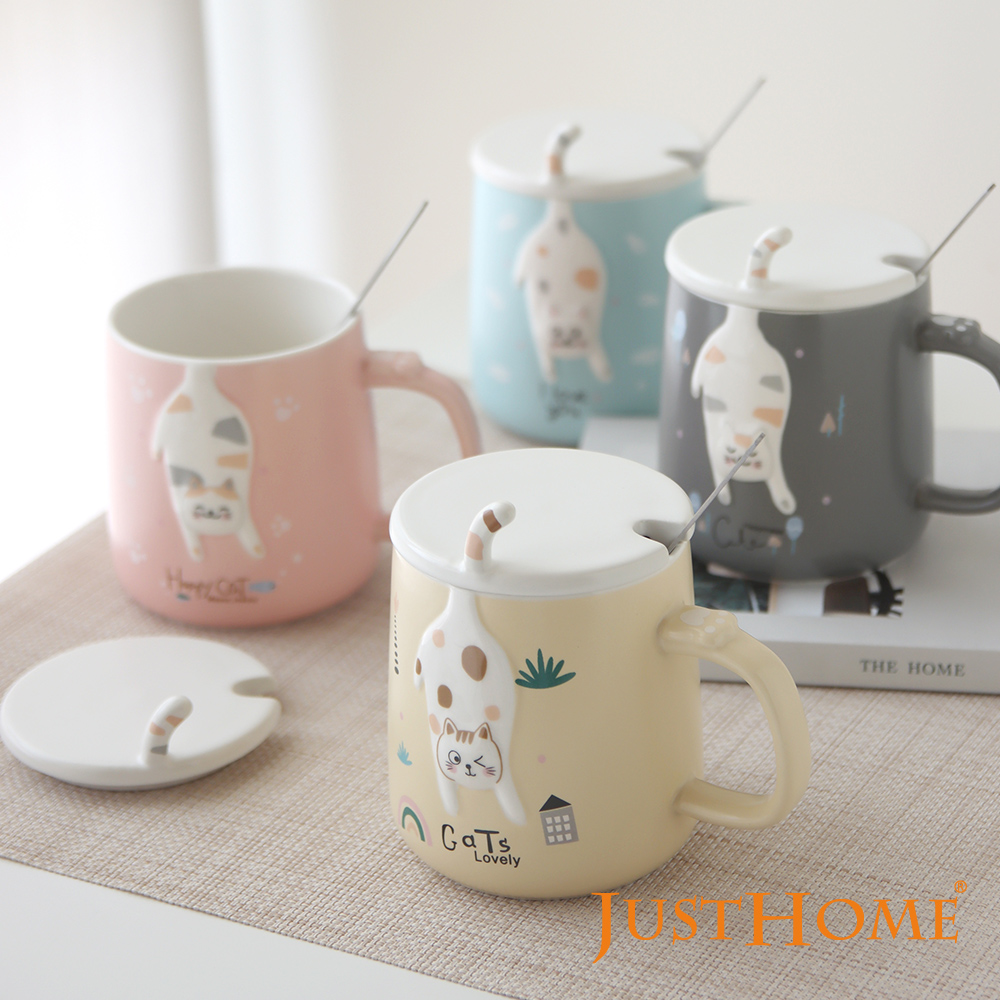 Just Home幸福貓陶瓷馬克杯420ml-附杯蓋及湯匙(2件組)