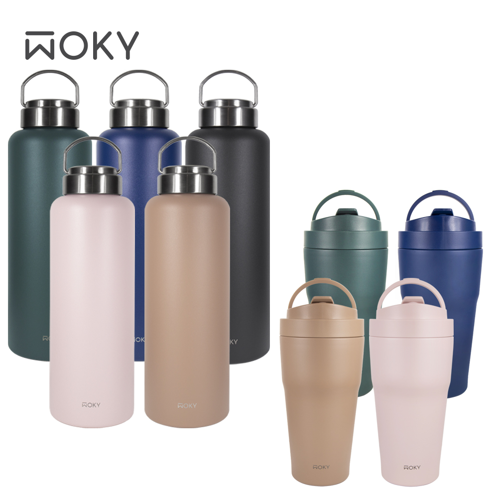 【WOKY 沃廚】[●● 渾圓杯-雙層陶瓷 550ml+【WOKY 沃廚】提手輕芯鈦瓷易潔層保溫瓶1200ML