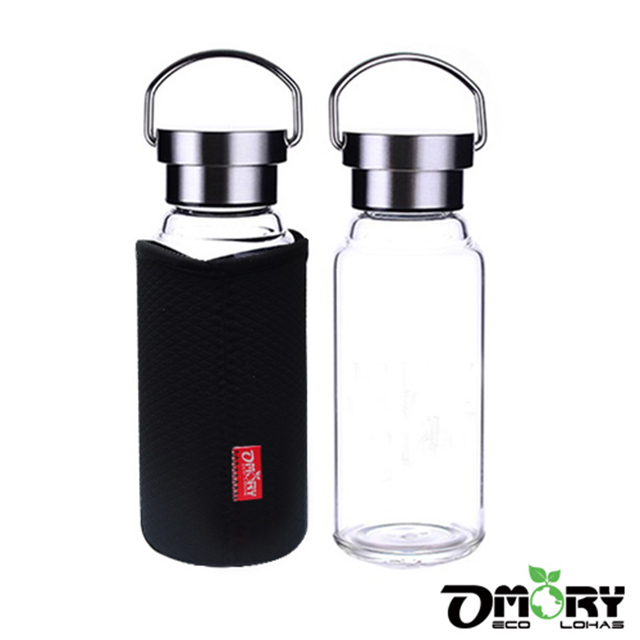 【OMORY】水晶玻璃隨身水瓶(附套)-550ml-黑色