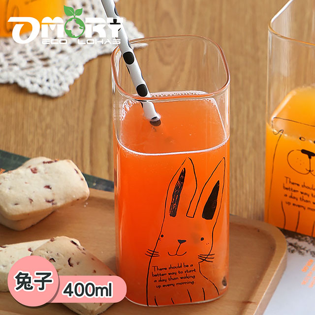 【OMORY】玻璃方口杯400ML-兔子