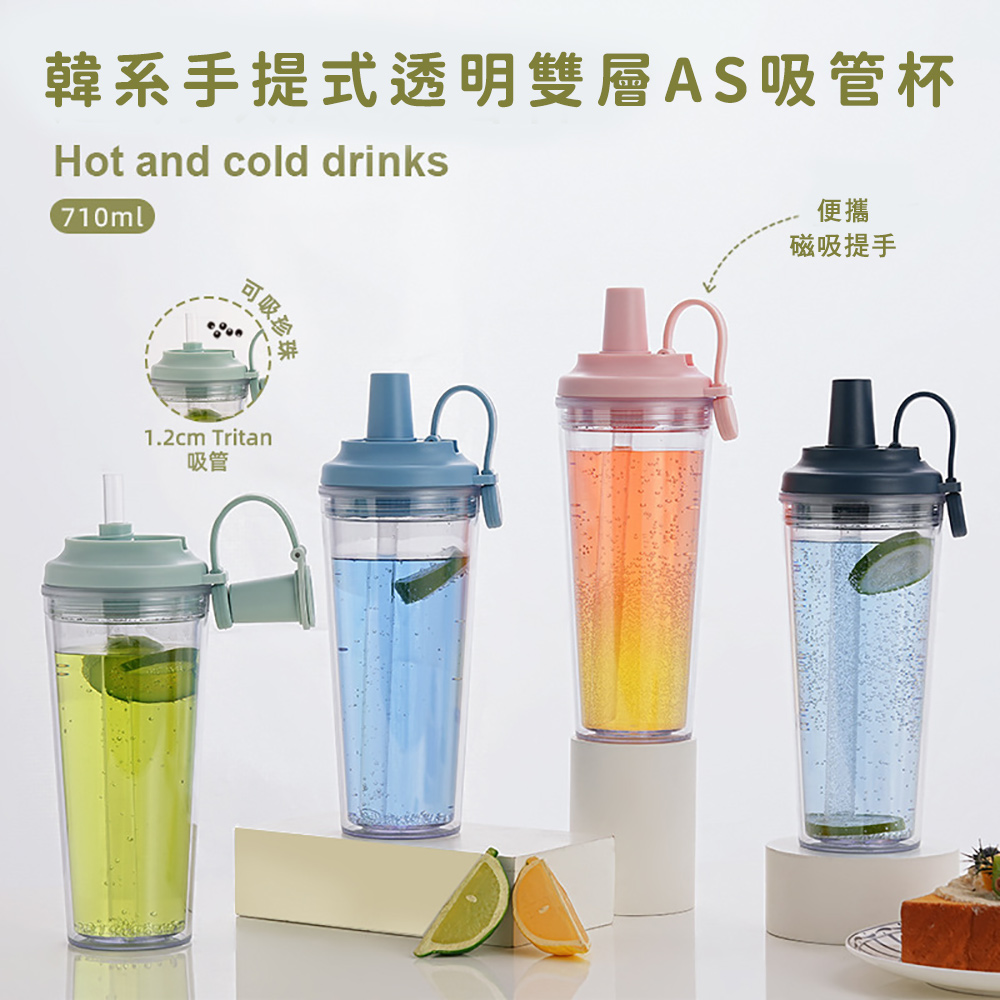 【日本FOREVER】韓系手提式透明雙層AS吸管杯/可吸珍珠/附吸管蓋710ml