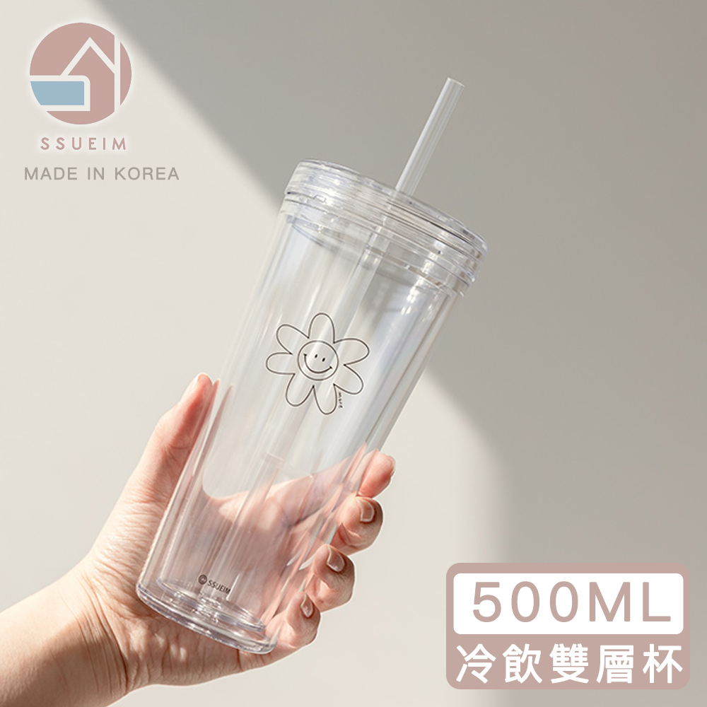 【韓國SSUEIM】極簡ins吸管冷飲杯/環保杯500ml-小花款