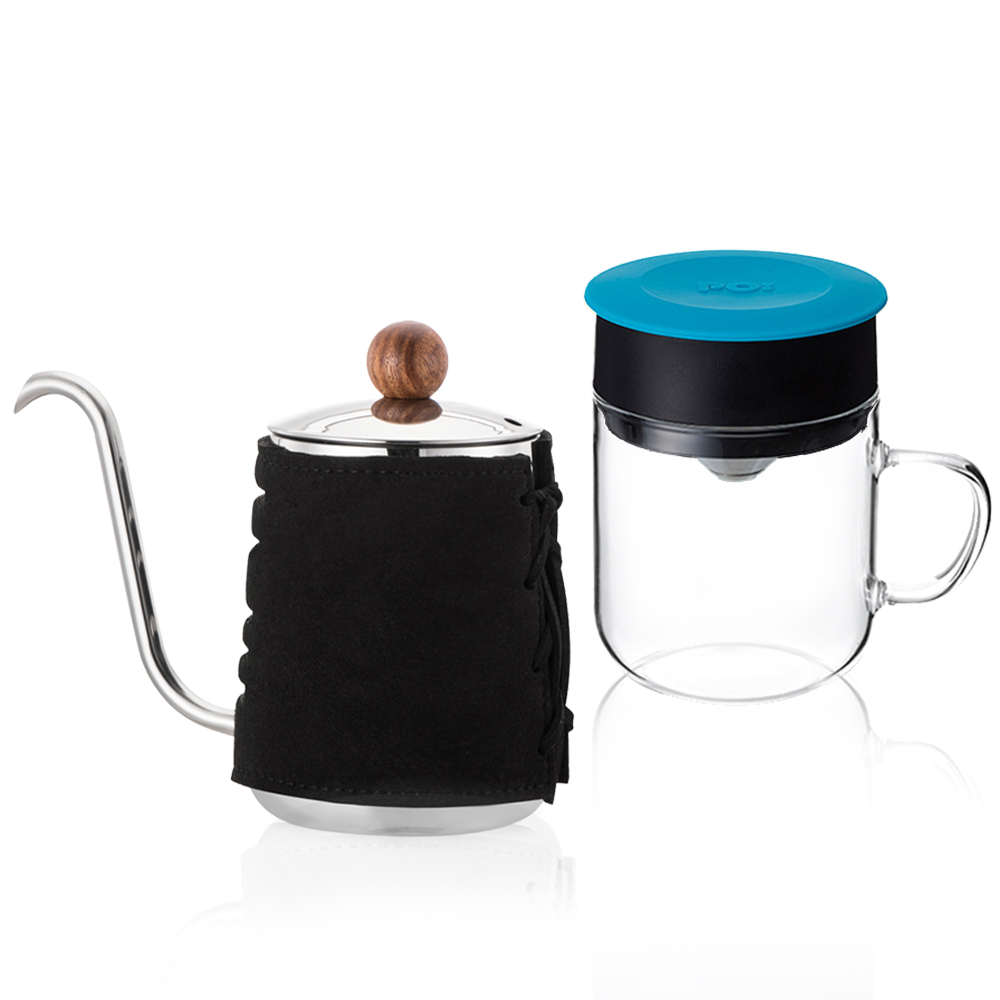【PO:Selected】丹麥手沖咖啡二件組(手沖咖啡壺-黑/咖啡玻璃杯240ml-藍)
