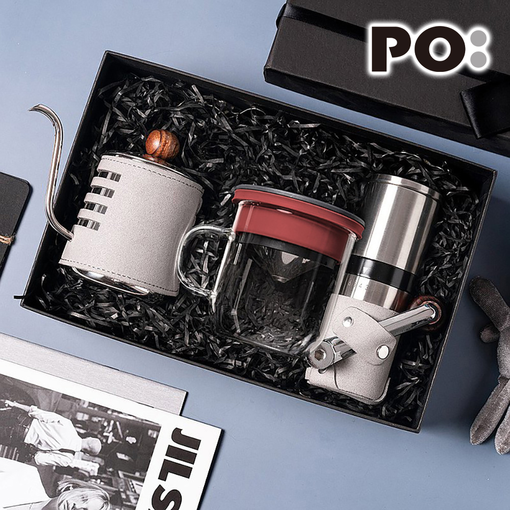 【PO:Selected】丹麥手沖咖啡三件禮盒組(咖啡壺-灰/玻璃杯350ml-黑紅/咖啡磨2.0)