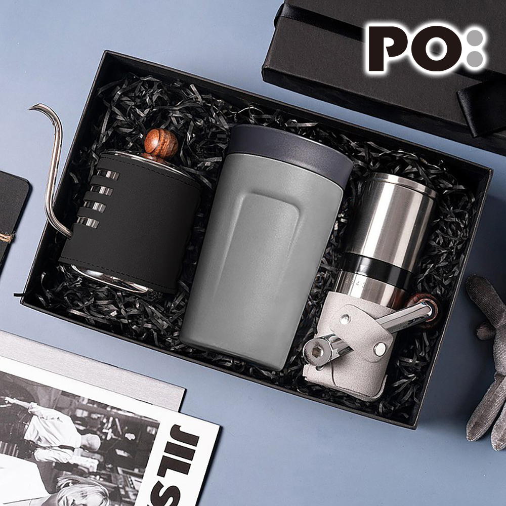 【PO:Selected】丹麥手沖咖啡三件禮盒組(咖啡壺-黑/隨行保溫咖啡杯-灰/咖啡磨2.0)