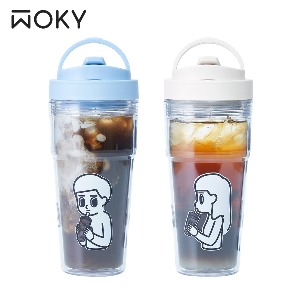 【WOKY x 消極男子】又又杯-雙層純透渾圓杯 ECOZEN® 750ml(3.0洩壓解鎖蓋)附彈跳吸管