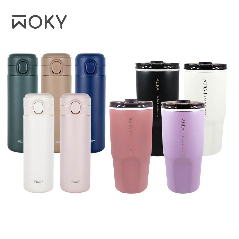 【WOKY 沃廚】輕量彈蓋陶瓷易潔層保溫瓶450ml+簡約真陶瓷激凍杯800ml