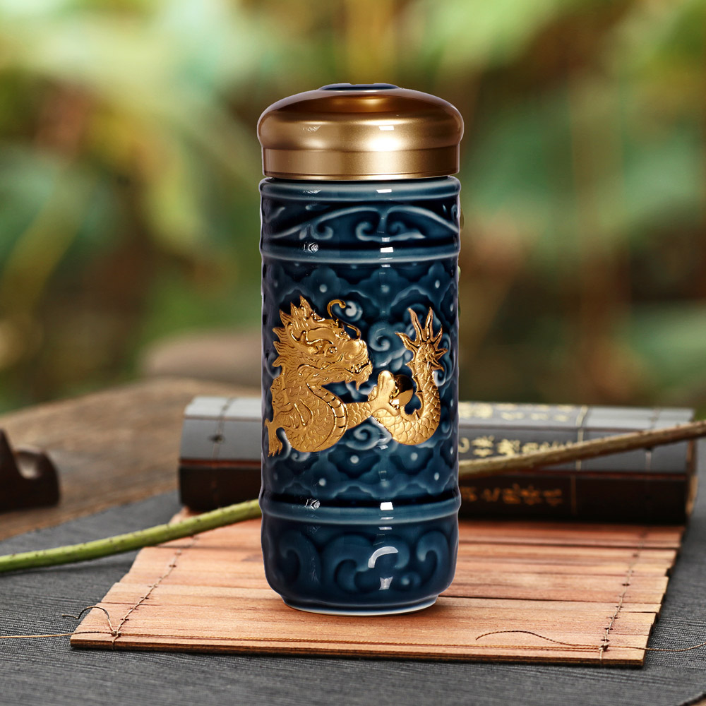乾唐軒活瓷|飛躍祥龍隨身杯 / 大 / 雙層 / 藍金 350ml