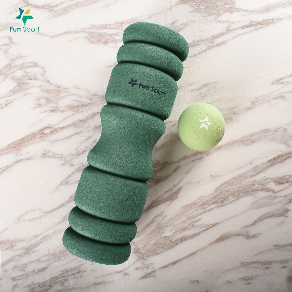 Fun Sport-綠能浩克-筋膜修復滾筒滾棒-護脊滾棒(溫和實心)+雷力斯-肌筋膜按摩球（草原綠）