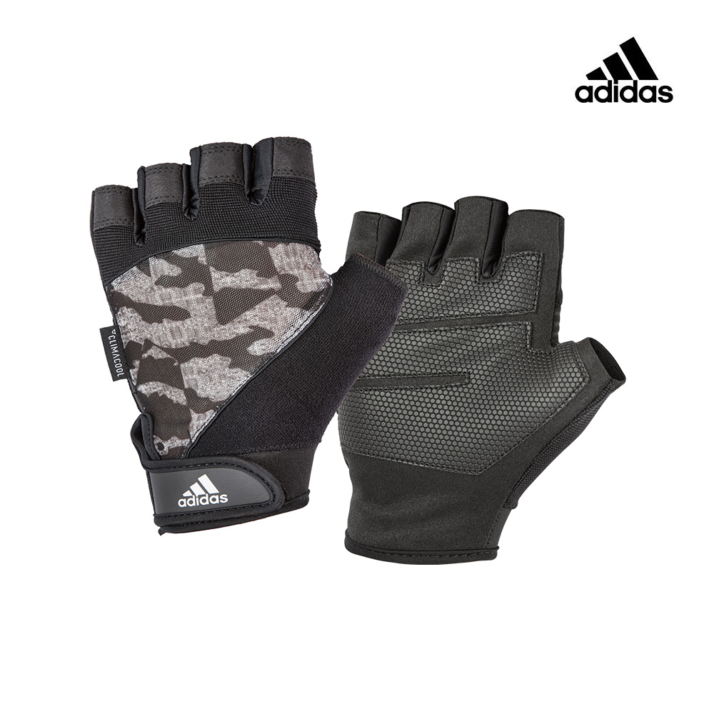 adidas 愛迪達【福利品】透氣防滑短指手套 (迷彩灰)