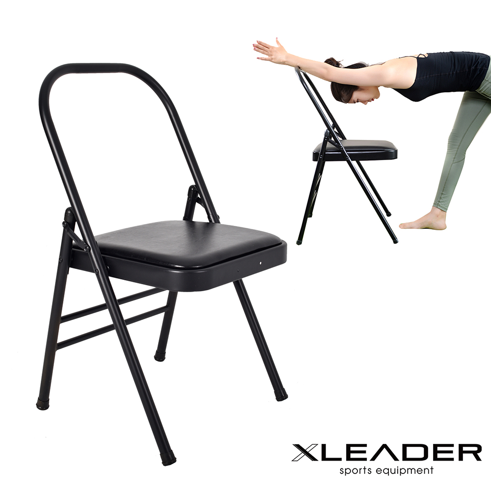 Leader X 運動美學 專業輔助伸展雙梁加固PU瑜珈折疊椅 極簡黑