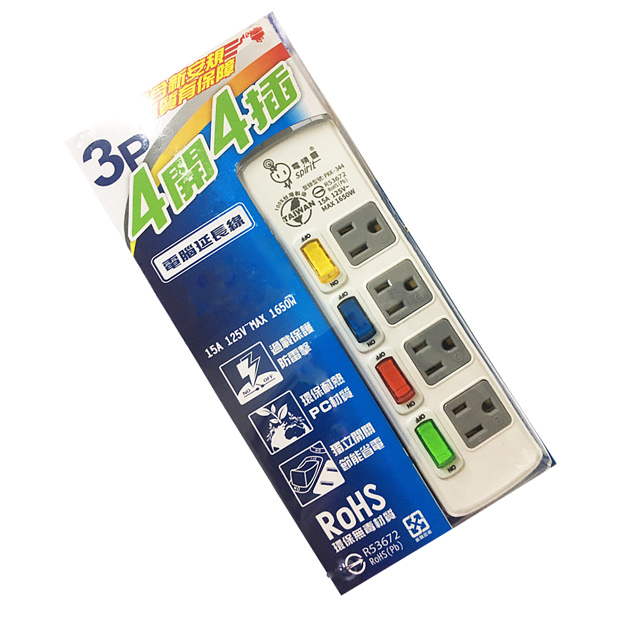 (3入組)臺灣製~SPIRIT 4開4插 過載保護電腦延長線 6尺 PKK-344A