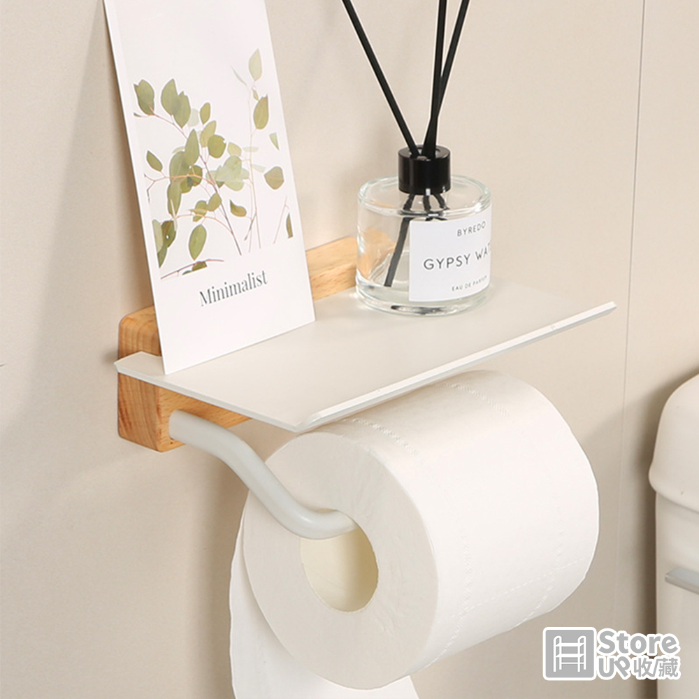 【Store up 收藏】日式清新風 白色系 木製捲筒式 可置物衛生紙架(AD431)