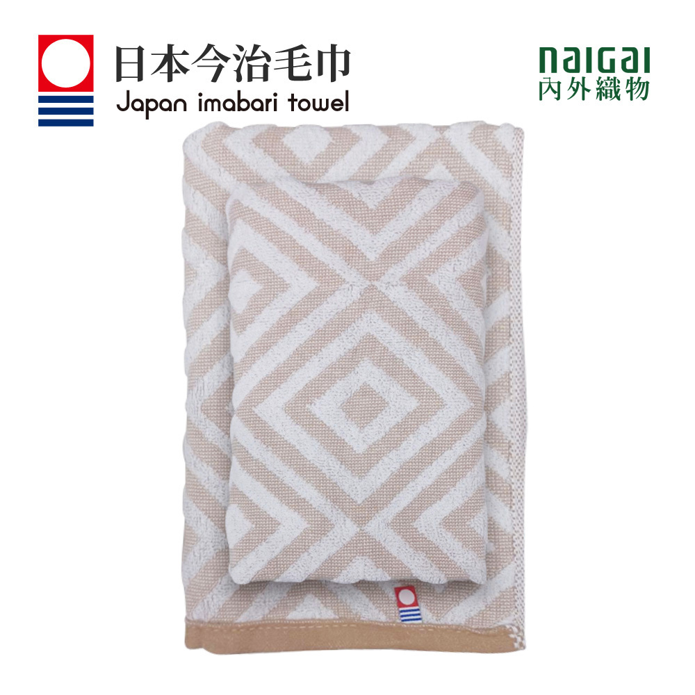 日本製今治認證純棉32*75CM毛巾-迴紋格 卡其(420BE野)