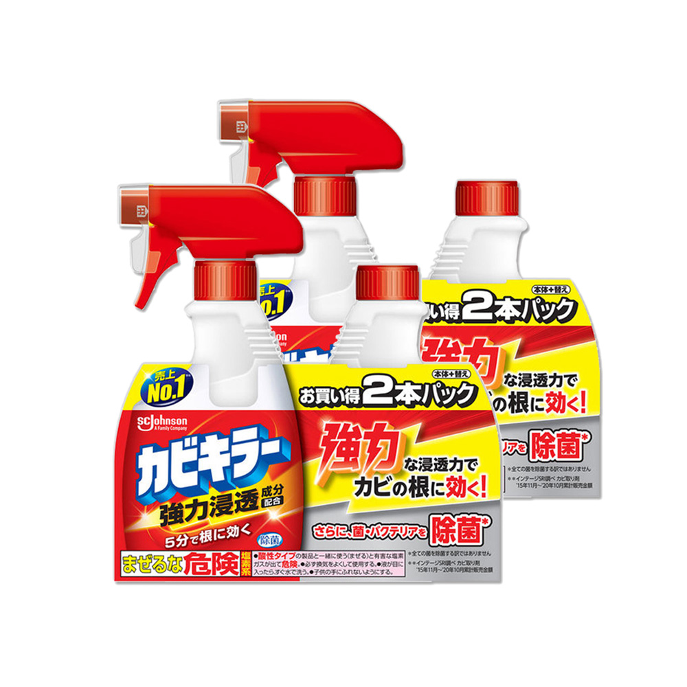 (2組)日本SC JOHNSON莊臣-浴室除黴泡沫清潔劑400ml噴霧瓶+400ml補充瓶