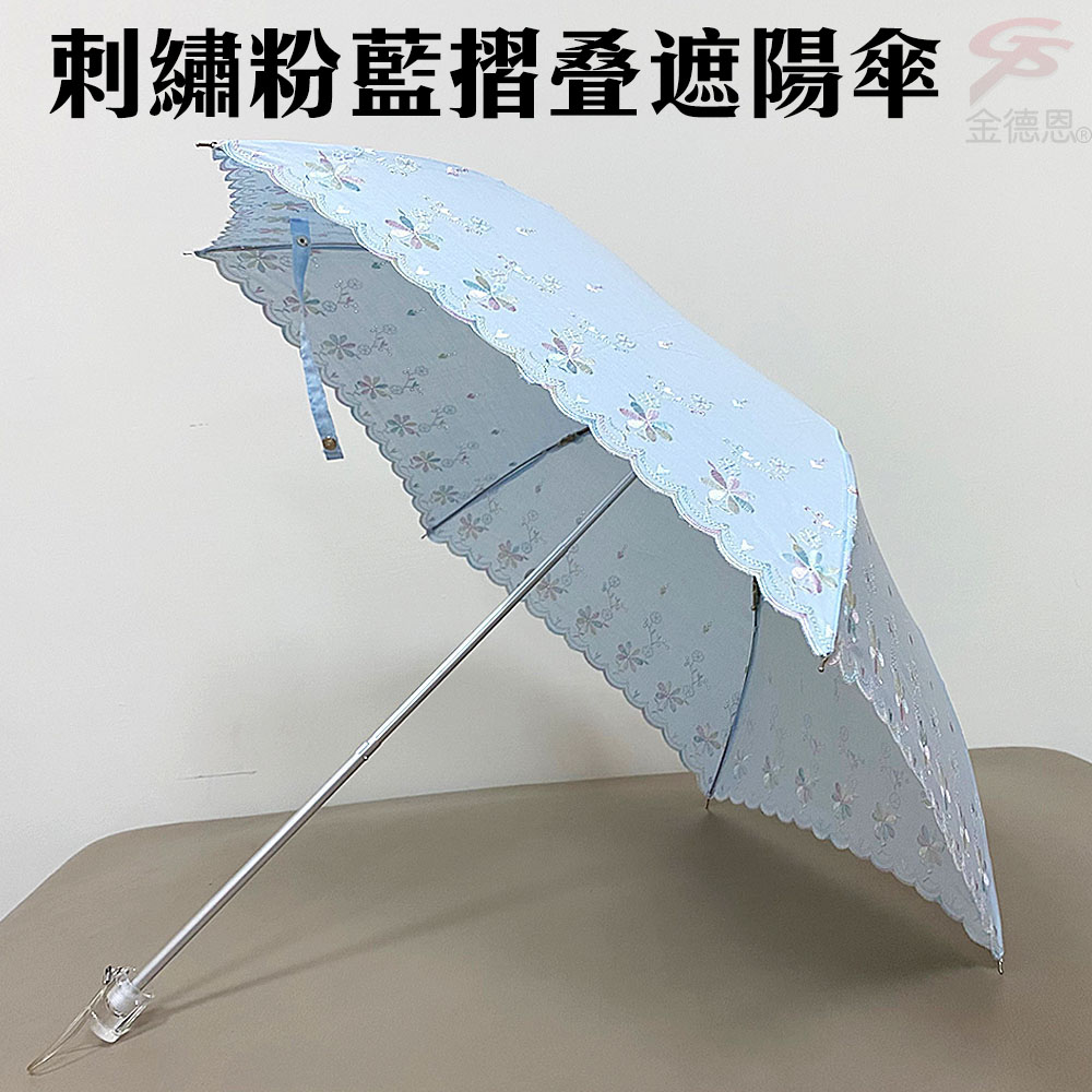 【福利品】刺繡粉藍摺疊遮陽傘