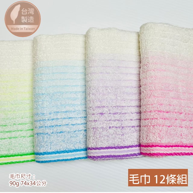 28兩 漸層淡雅純棉毛巾(12條毛巾組) 4色組合【台灣 雲林製造】吸水 家用款
