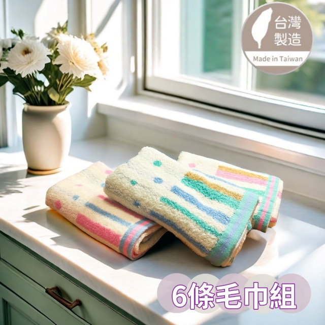28兩 圈圈緞條純棉毛巾(6條毛巾組) 【台灣 雲林製造】