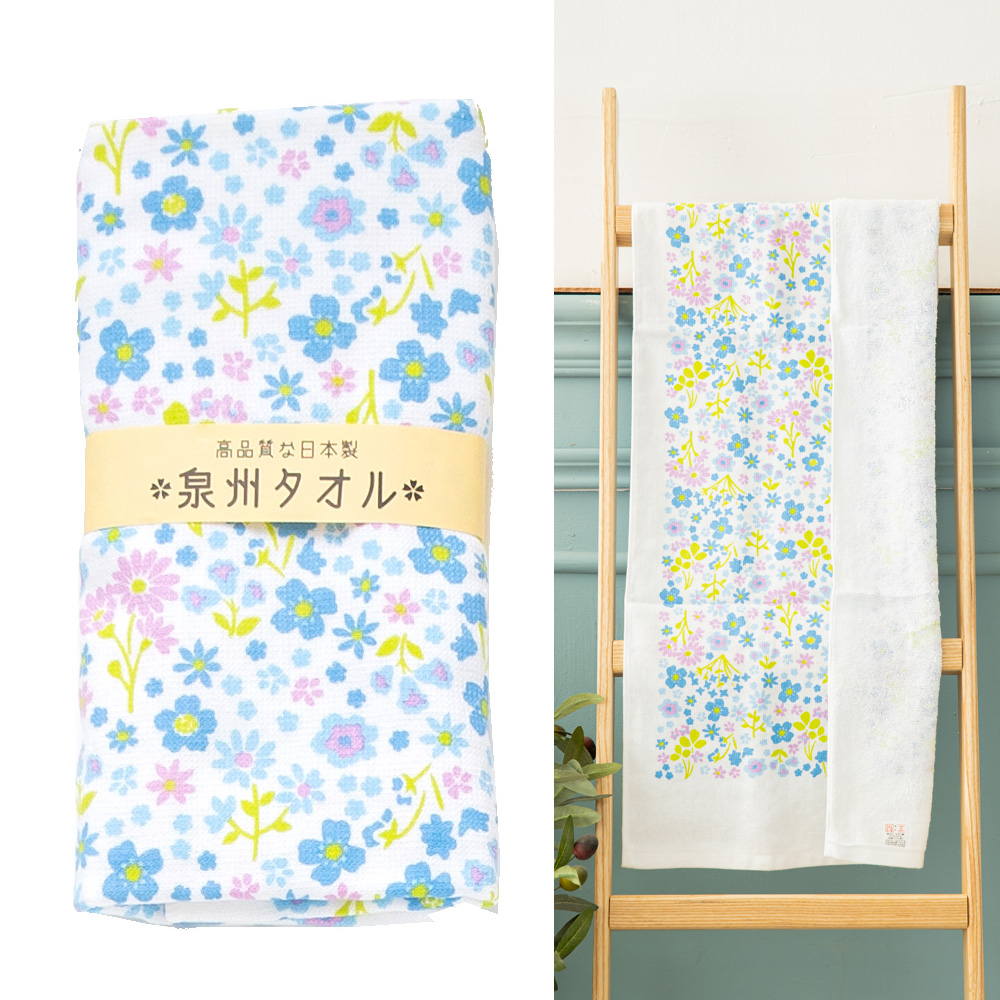 日本泉州純棉麻紗加厚34*85CM毛巾(碎花-藍)