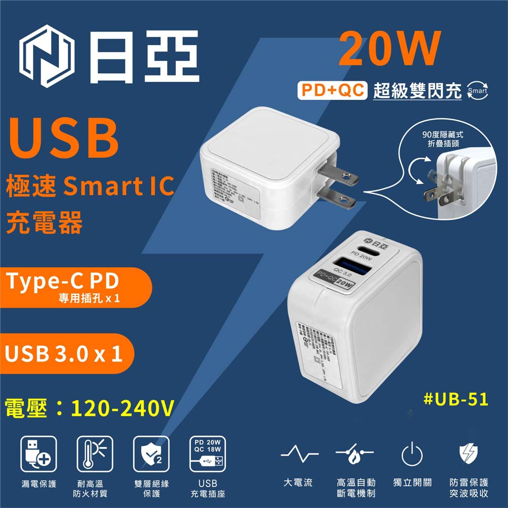 【日亞】UB-51智慧型PD20W Type-C+QC3.0極速USB充電器( 雙快充Iphone全電壓)