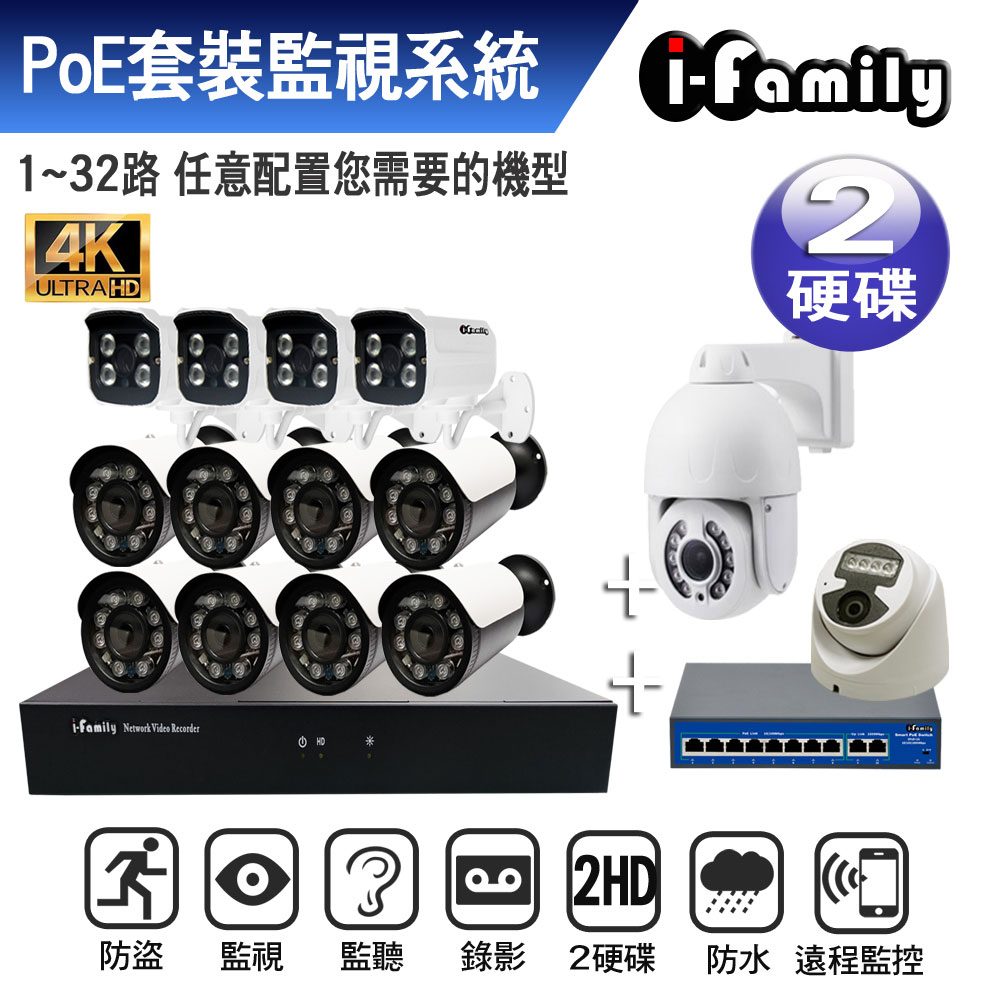 【宇晨I-Family】POE專用16路式自選4K鏡頭+網路交換器監視套裝系統