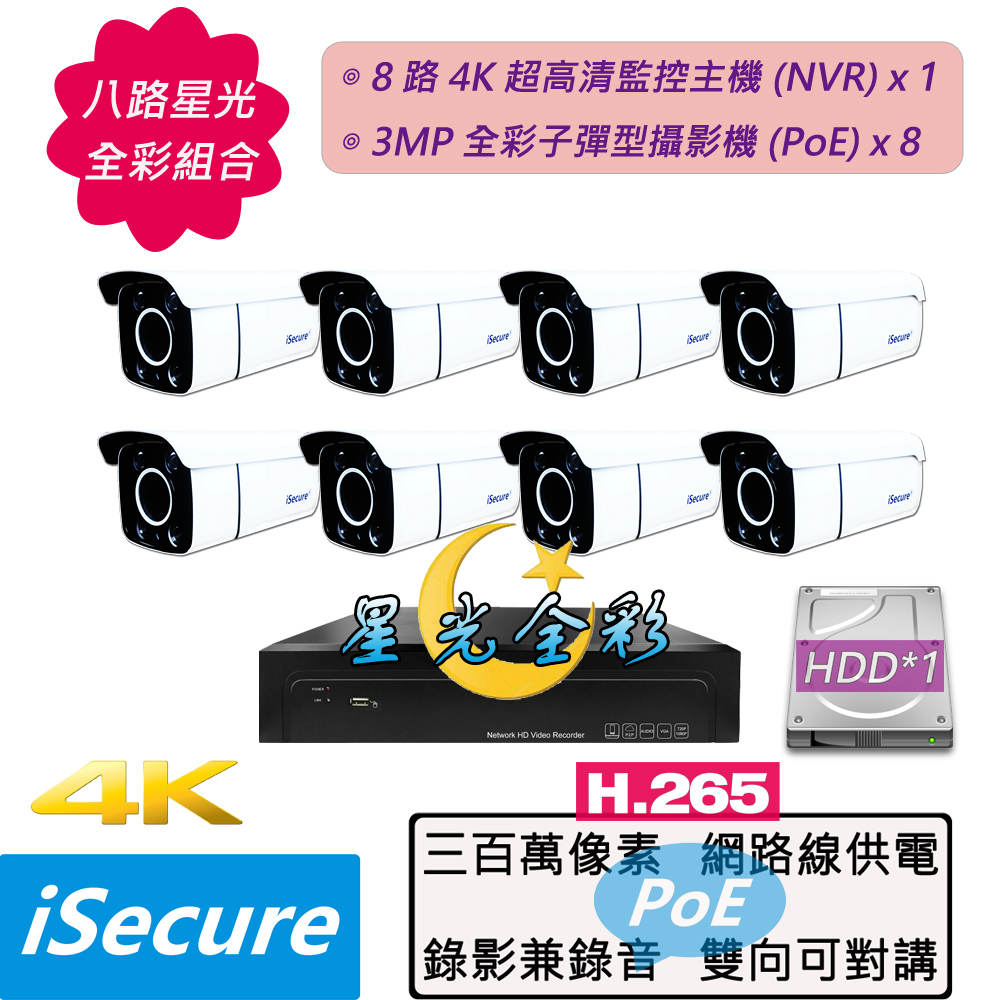 八路監視器組合:一部八路 4K 網路型監控主機 (NVR)+八部星光全彩 3MP 子彈型攝影機 (PoE)